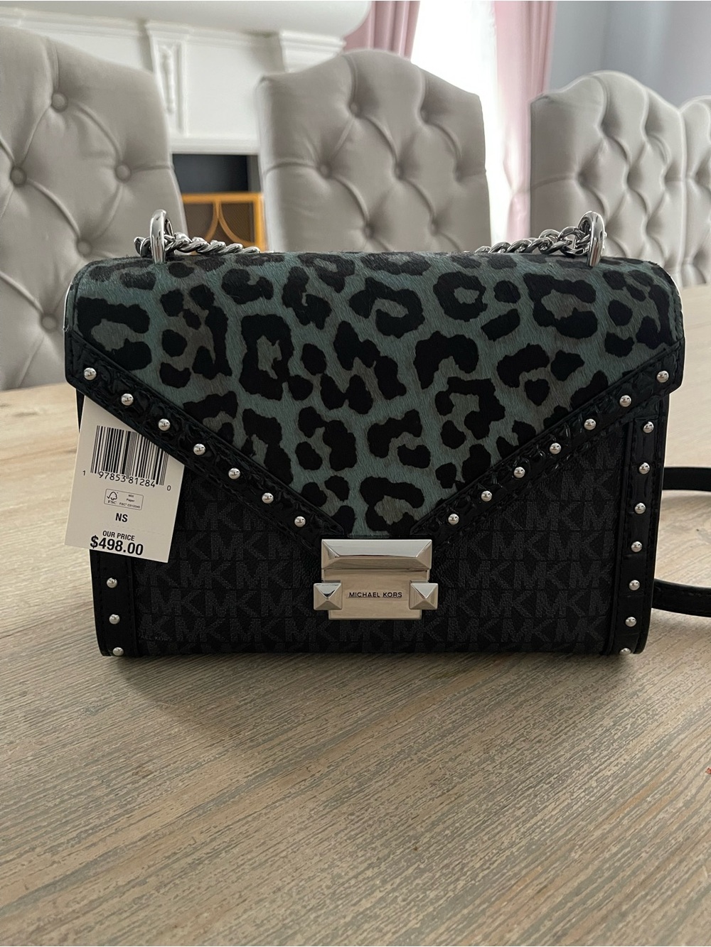 Michael Kors Black & Teal Leopard-Print Crossbody Shoulder Bag